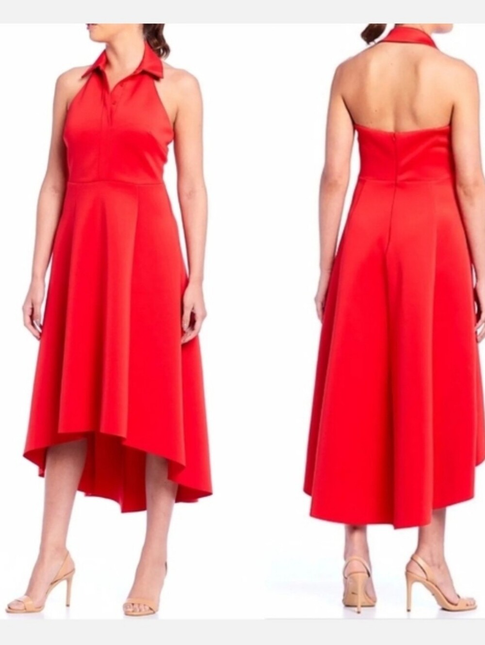 NWT Belle Badgley Mischka Red High Low Collared Halter Dress Size 2